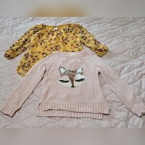Girl's Pink Sweater with Fox Design and Yellow Floral Top Size 7-8